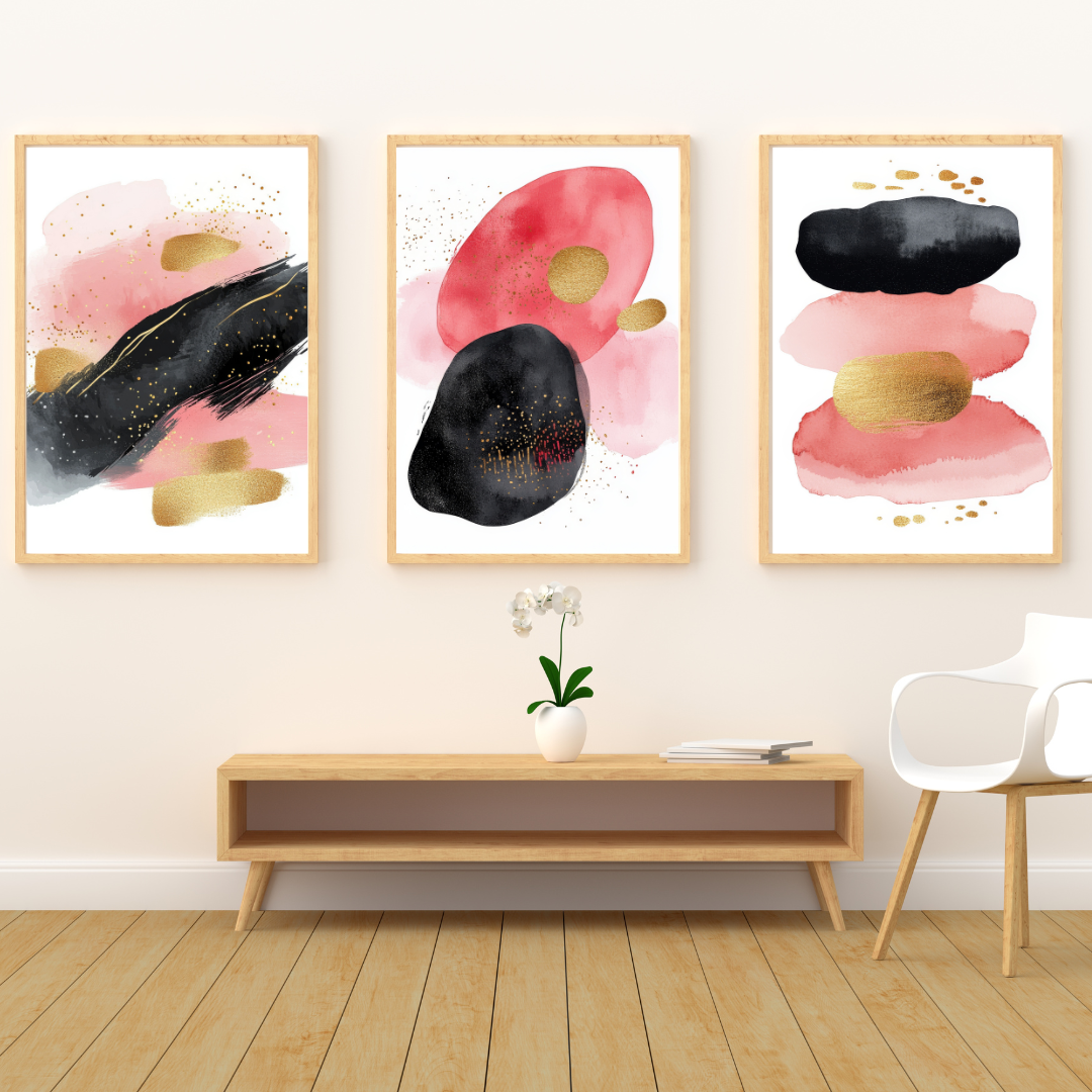 Set of 3 Abstract Art Prints – Minimalist Wall Decor in Black, Pink & Gold