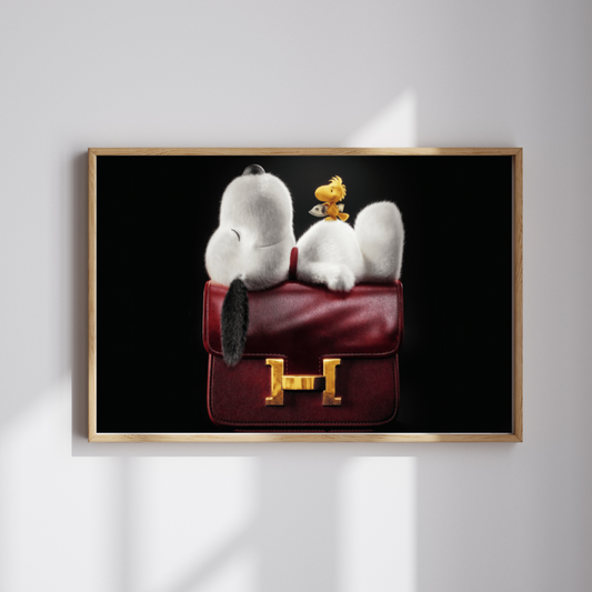 Iconic Companions: Snoopy & Woodstock on Red Luxe