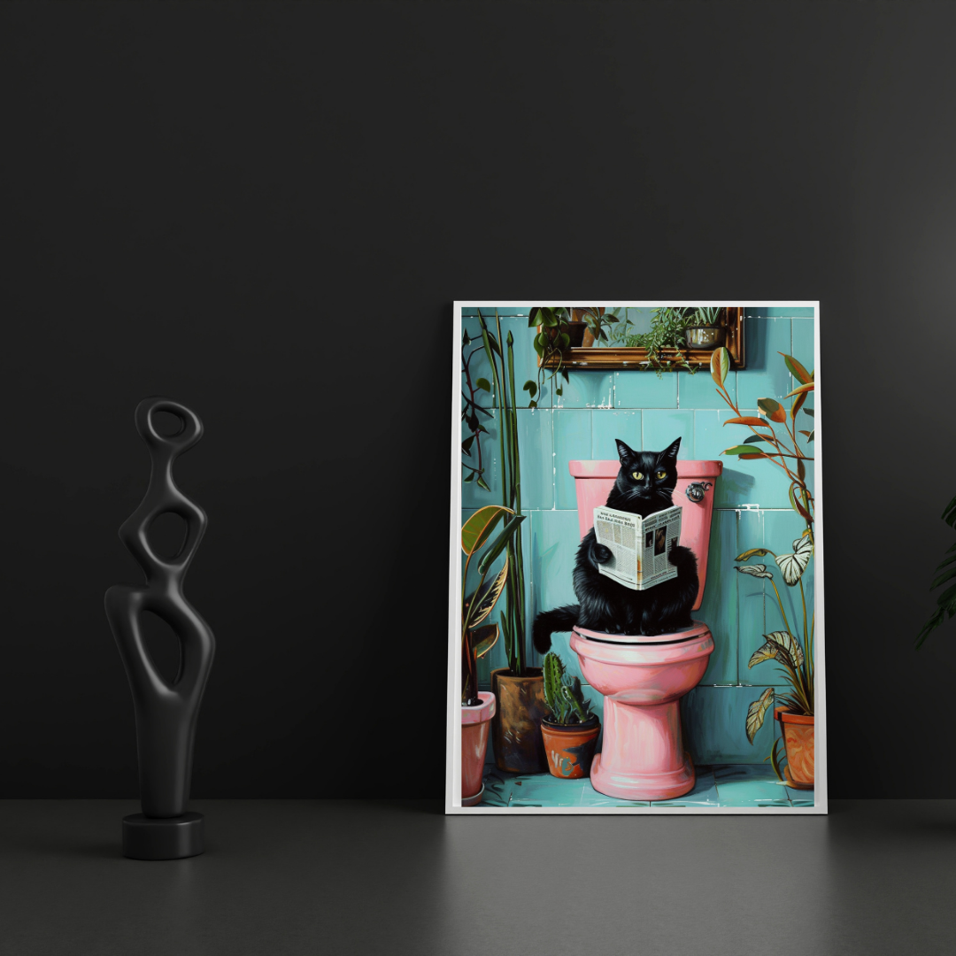 Funny Black Cat Bathroom Art – Quirky Wall Decor with Teal Tiles & Plants